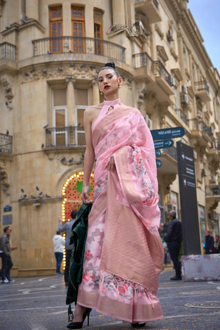 PINK PRINTED POLY BRASSO HANDLOOM WEAVING SAREE