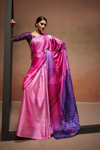 Pink Satin Crepe Digital Print Saree