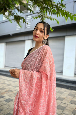 PINK LUCKNOWI PRINT CHIFFON SILK SAREE