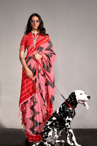 PINK PRINTED AJRAKH HANDWOVEN SILK SAREE