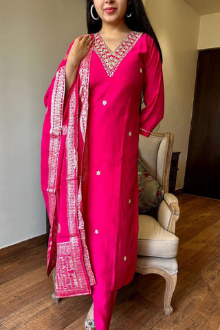 Pink Chanderi Jaccard Silk Embroidery Kurta Set_Kumari Sarees
