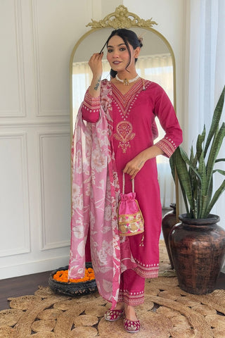 Pink Viscose Reyon Chinon Embroidery Kurta Set_Kumari Sarees