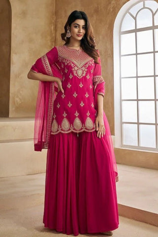 Magenta Pink Georgette Embroidered Lace Border Kurta Set_Kumari Sarees