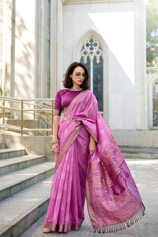 Pink Ikkat Weaving Silk Saree