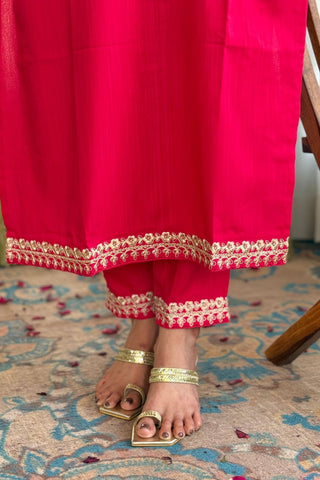 Pink Viscose Slub Embroidery Kurta Set_Kumari Sarees