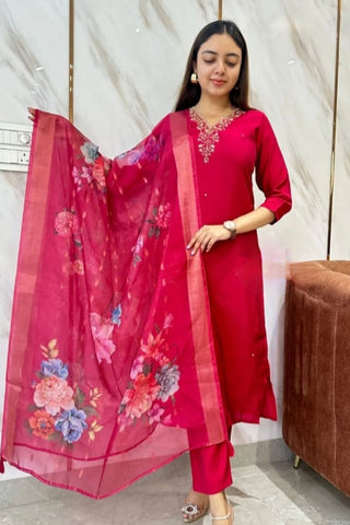Pink Organza Viscose Chanderi Embroidery Kurta Set