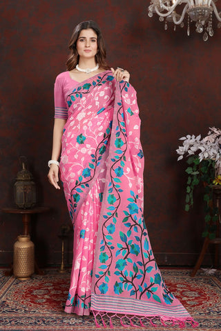 Pink Soft Cotton Floral Jamdani Saree