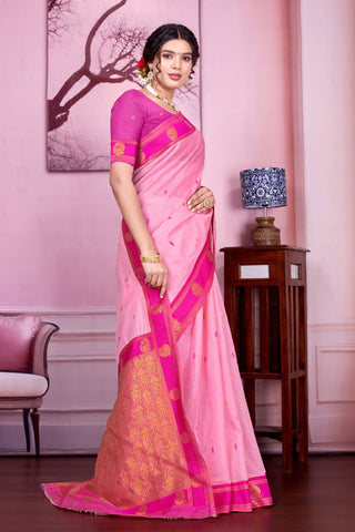 Pink Pure Handloom Cotton With Gold Zari Silk Saree_Kumari Sarees
