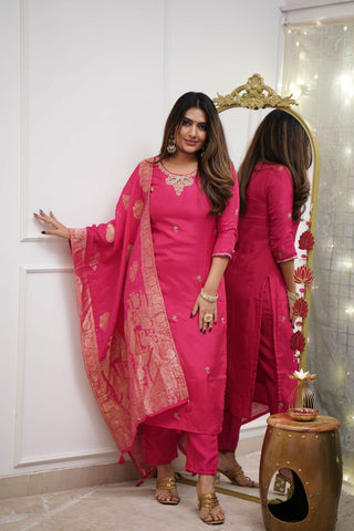 Pink Viscose Chanderi Jacquard Embroidery Kurta Set