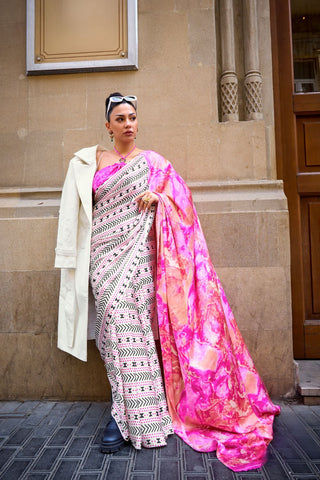 PINK PRINT SATIN CREPE SAREES