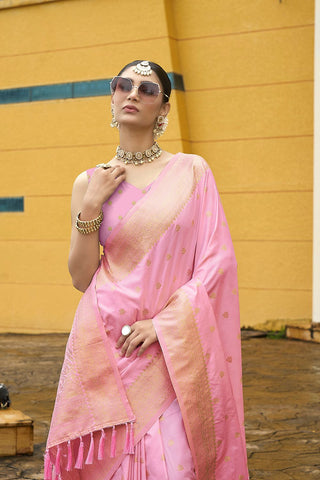 Pink Nylon Satin Weaving Jacquard Saree_Kumari Sarees