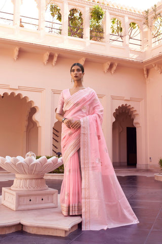 PINK PURE LINEN WEAVING SAREE