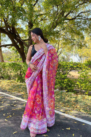 PINK ORGANZA EMBROIDERED SAREE