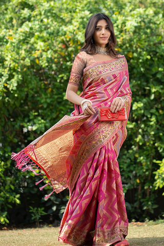 Pink Organza Leheriya Woven Design Saree