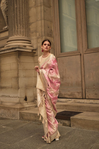 Pink Rangkat Satin Handloom Weaving Silk Saree