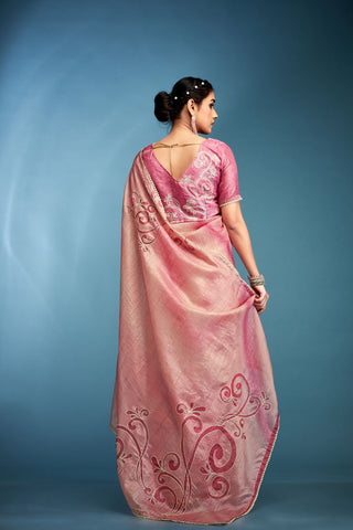 Pink Tussar Saree With Hand Based Work