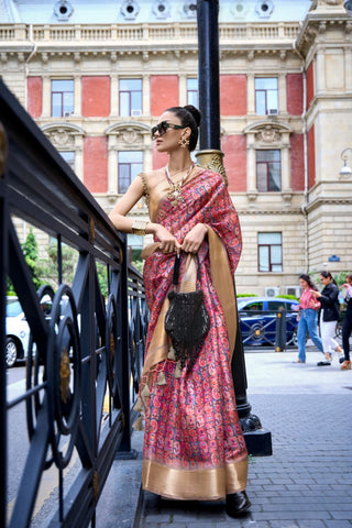 PINK PRINT SATIN ORGANZA WEAVING SAREE