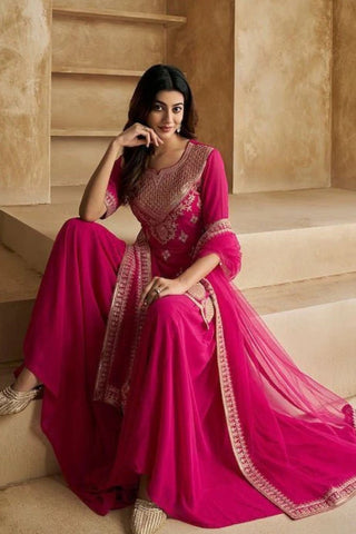 Magenta Pink Georgette Embroidered Lace Border Kurta Set_Kumari Sarees