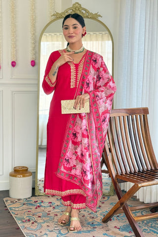Pink Viscose Slub Embroidery Kurta Set_Kumari Sarees