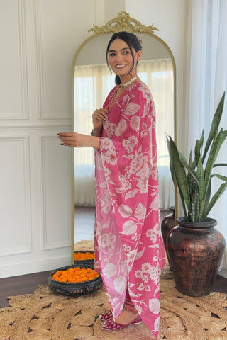 Pink Viscose Reyon Chinon Embroidery Kurta Set_Kumari Sarees