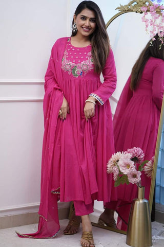 Pink Soft Chanderi Cotton With Embroidered Kurta Set_Kumari Sarees
