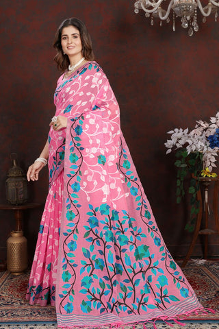 Pink Soft Cotton Floral Jamdani Saree