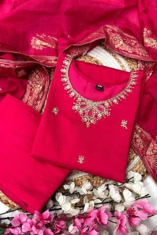 Pink Viscose Chanderi Jacquard Embroidery Kurta Set
