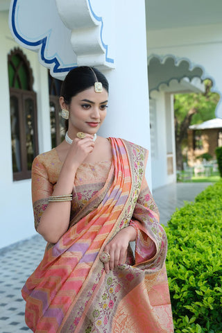 Pink Organza Leheriya Woven Saree