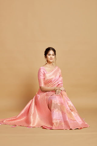 Pink Linen Jamdani Banarasi Saree