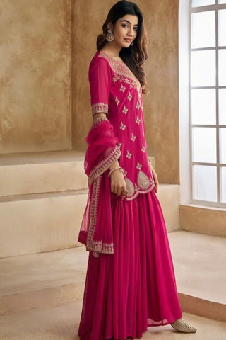 Magenta Pink Georgette Embroidered Lace Border Kurta Set_Kumari Sarees