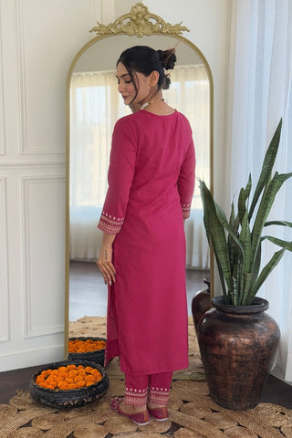 Pink Viscose Reyon Chinon Embroidery Kurta Set_Kumari Sarees