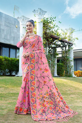 Pink Soft Cotton Jamdani Floral Saree