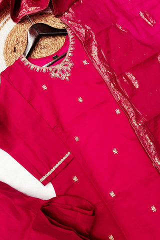Pink Viscose Chanderi Jacquard Embroidery Kurta Set