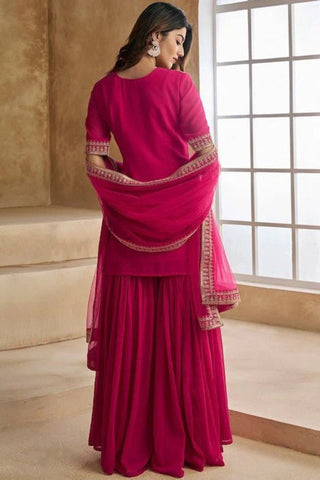 Magenta Pink Georgette Embroidered Lace Border Kurta Set_Kumari Sarees