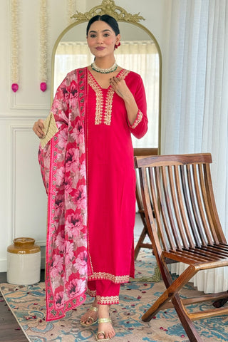Pink Viscose Slub Embroidery Kurta Set_Kumari Sarees