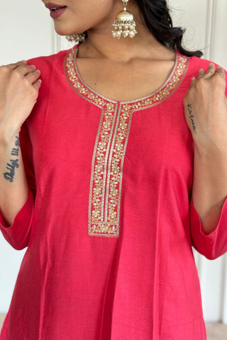 Pink Chanderi Jaquard Embroidery Kurta Set_Kumari Sarees