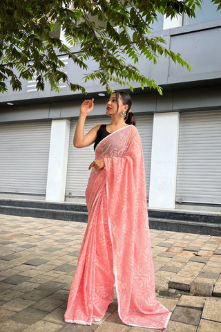 PINK LUCKNOWI PRINT CHIFFON SILK SAREE