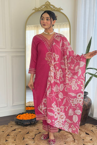 Pink Viscose Reyon Chinon Embroidery Kurta Set_Kumari Sarees