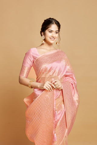 Pink Linen Jamdani Banarasi Saree