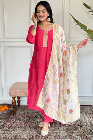 Pink Chanderi Jaquard Embroidery Kurta Set_Kumari Sarees