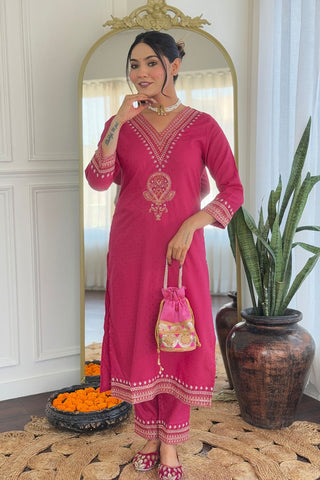 Pink Viscose Reyon Chinon Embroidery Kurta Set_Kumari Sarees