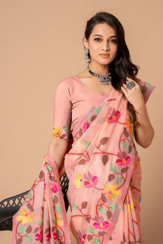 Pink Soft Cotton Jamdani Saree