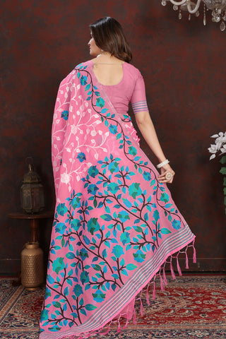 Pink Soft Cotton Floral Jamdani Saree