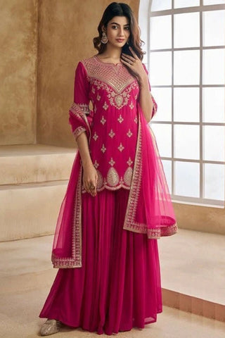 Magenta Pink Georgette Embroidered Lace Border Kurta Set_Kumari Sarees