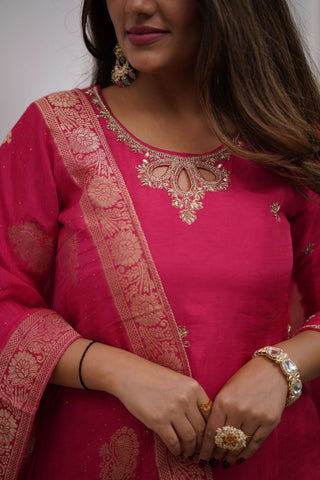 Pink Viscose Chanderi Jacquard Embroidery Kurta Set