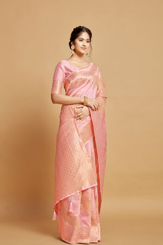 Pink Linen Jamdani Banarasi Saree