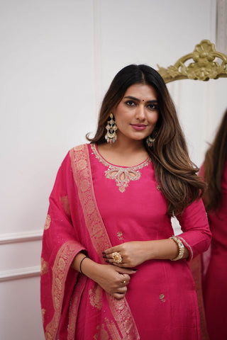 Pink Viscose Chanderi Jacquard Embroidery Kurta Set