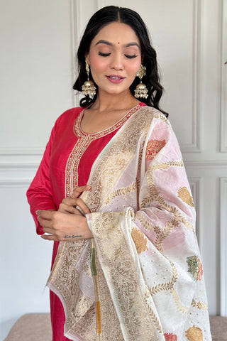Pink Chanderi Jaquard Embroidery Kurta Set_Kumari Sarees