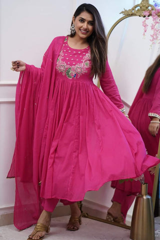 Pink Soft Chanderi Cotton With Embroidered Kurta Set_Kumari Sarees