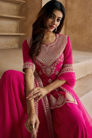 Magenta Pink Georgette Embroidered Lace Border Kurta Set_Kumari Sarees